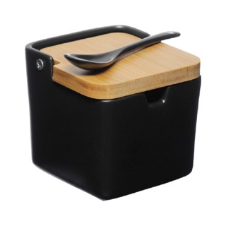Saleiro Porcelana Preto Tampa De Bambu Com Colher Porta Temperos Condimentos De Mesa