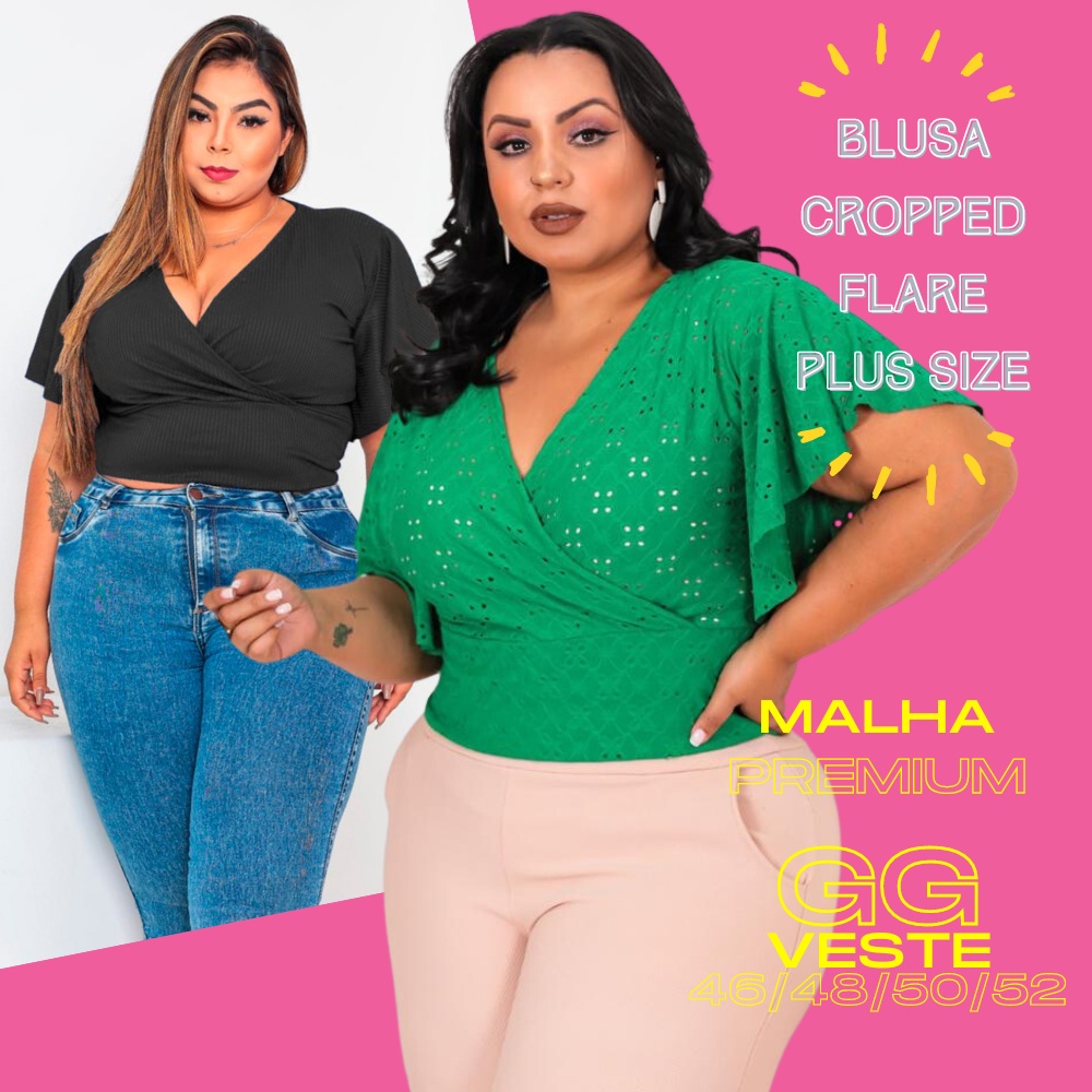 Blusa Feminina Plus Size Cropped Laise Manga Flare Boca Sino Lese Leise Canelada Grande Verão G2 G1 GG