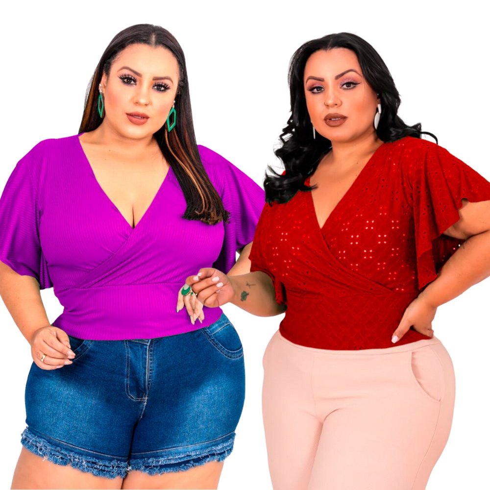 Kit 02 Blusa Cropped Plus Size Feminina Laise Canelado Transpassada Manga Flare Boca Sino Lese Leise Canelada Grande Verao G2 G1 GG