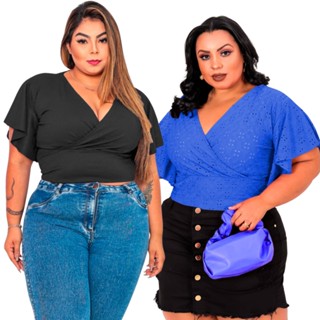 Kit 02 Blusa Plus Size Cropped Feminina Laise Canelado Transpassado Manga Flare Boca Sino Lese Leise Canelada Grande Verao G2 G1 GG