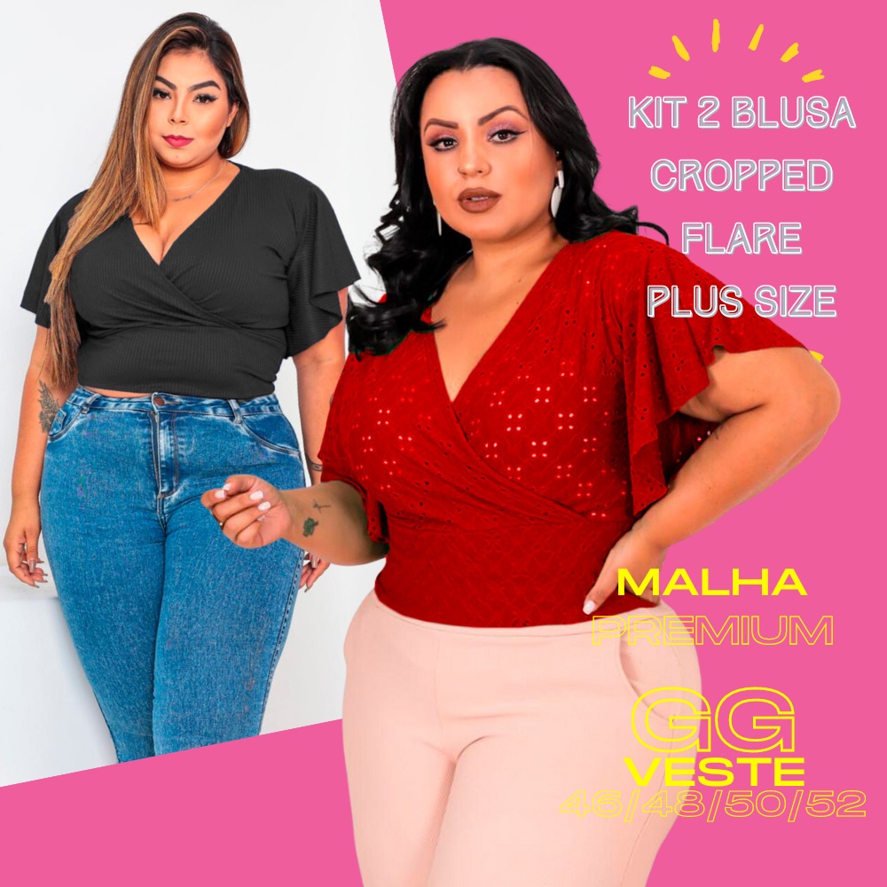 Kit 02 Blusa Transpassada Feminina Plus Size Cropped Laise Canelado Transpassado Manga Flare Boca Sino Lese Combo Leise Canelada Grande Verao G2 G1 GG