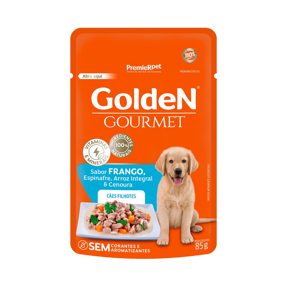 Sachê Golden Gourmet Cães Filhotes Todos os Tamanhos Frango Espinafre Arroz Integral e Cenoura 85g