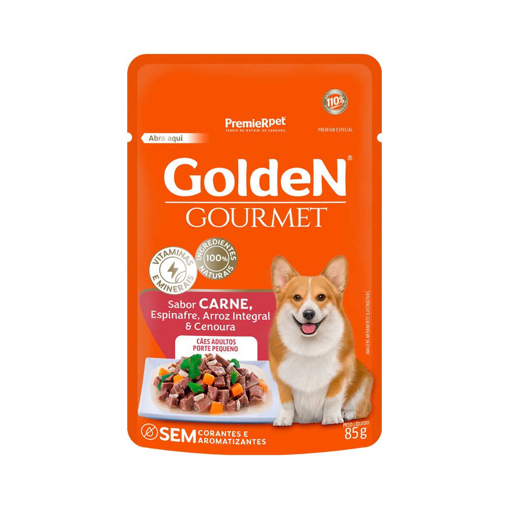 Sachê Golden Gourmet Cães Adultos Raças Pequenas Carne Espinafre Arroz Integral e Cenoura 85g
