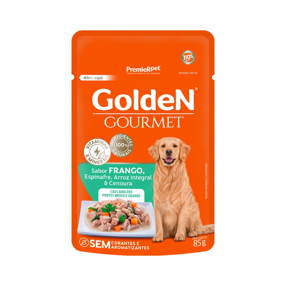 Sachê Golden Gourmet Cães Adultos Raças Médias e Grandes Frango Espinafre Arroz Integral e Cenoura 85g
