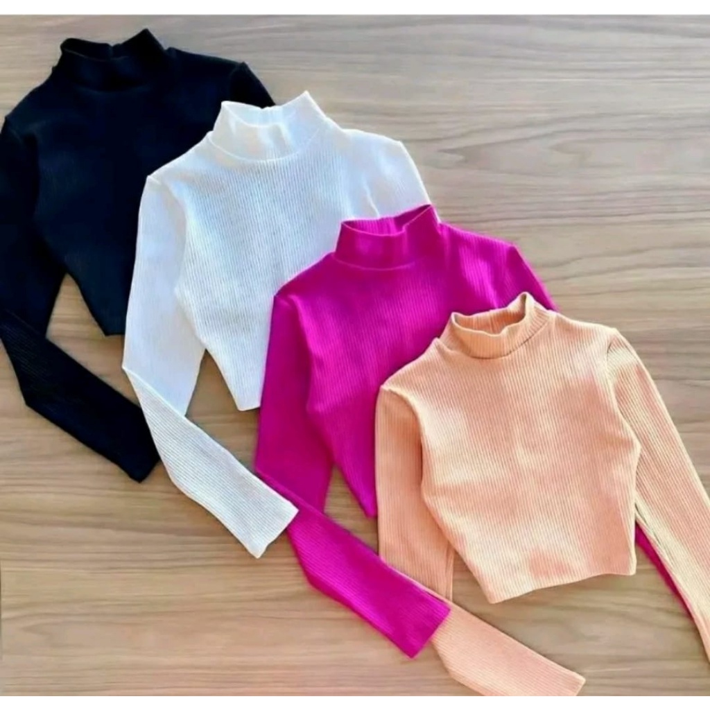 Cropped manga longa Canelado 3D moda blogueira PRETO/BRANCO/VERDE MUSGO/ ETC - (OFERTA).