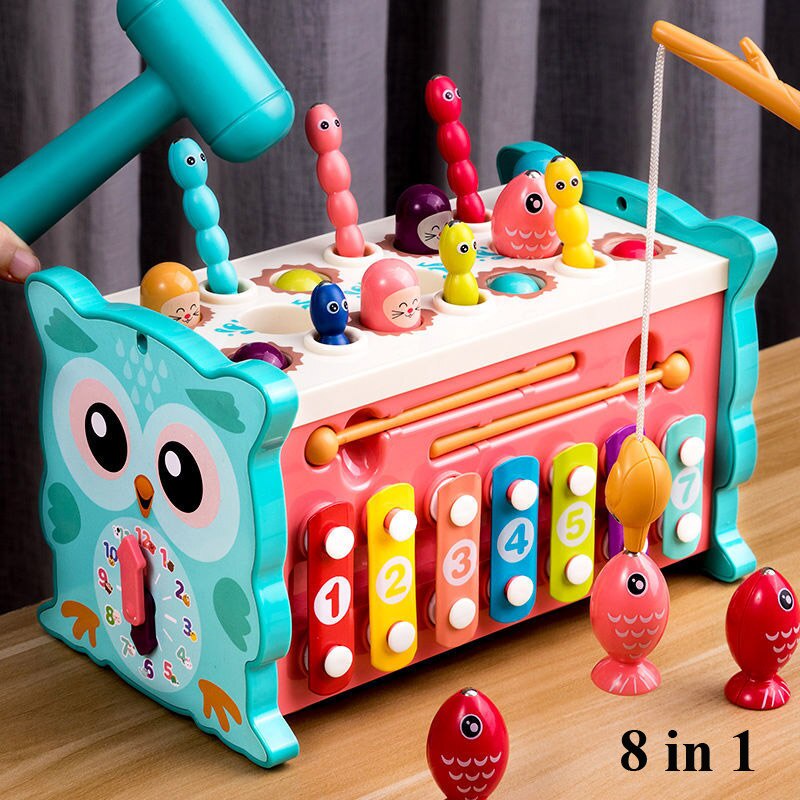 Baby Montessori Toys Magnetic Fishing Owl Cube Aprendizagem Do Cubo De Pesca Relógio Educacional Kids Hammer Game
