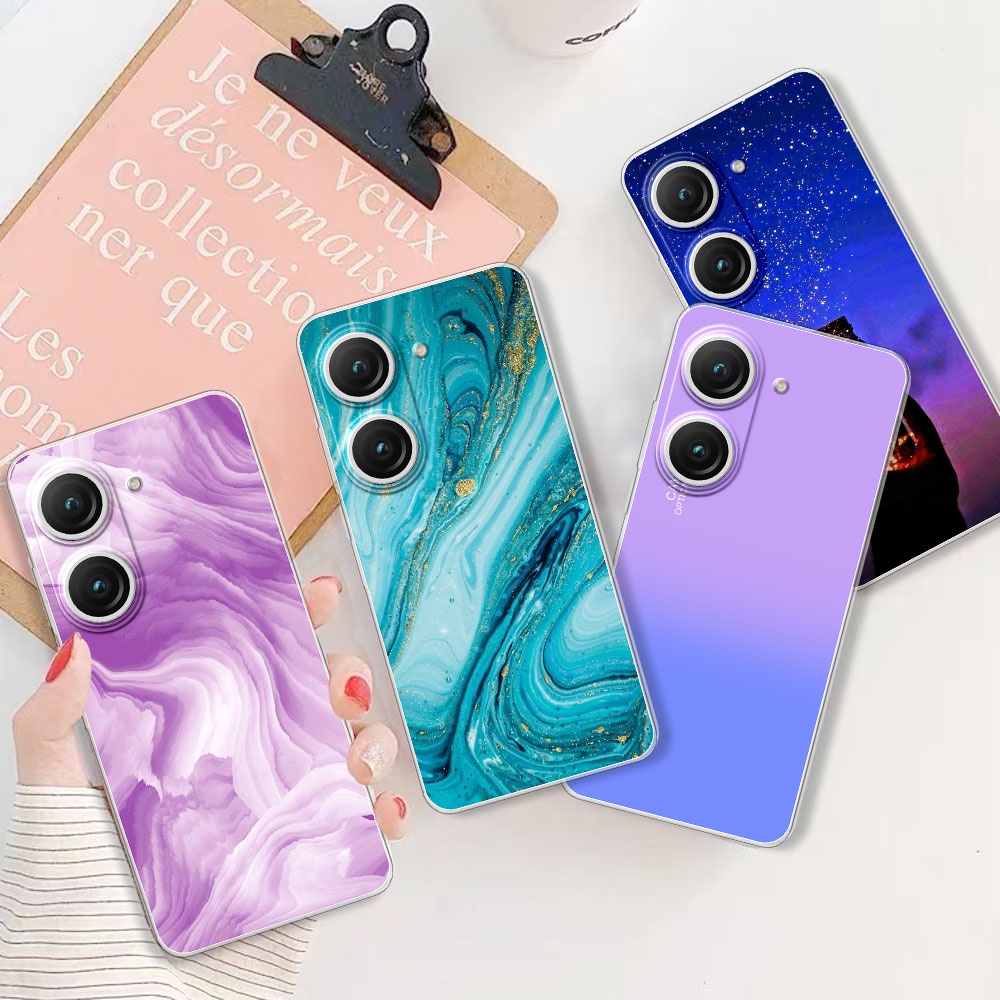 Para Asus Zenfone 9 10 Estojo Zenfone10 9 Tampa Traseira Do Telefone Silicone Soft Transparent TPU Flower Marble Bumper Shell