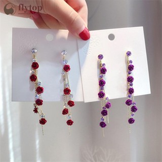 FLYTOP Brincos De Flores Longas Rosa Rhinestone Tassel Stud Moda Acessórios Tudo Em Combinação Jóias Para Mulheres C4M5