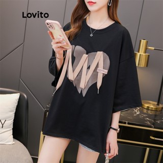 Lovito Camiseta com Patch de Coração para Mulheres LNA09194 (Preto)