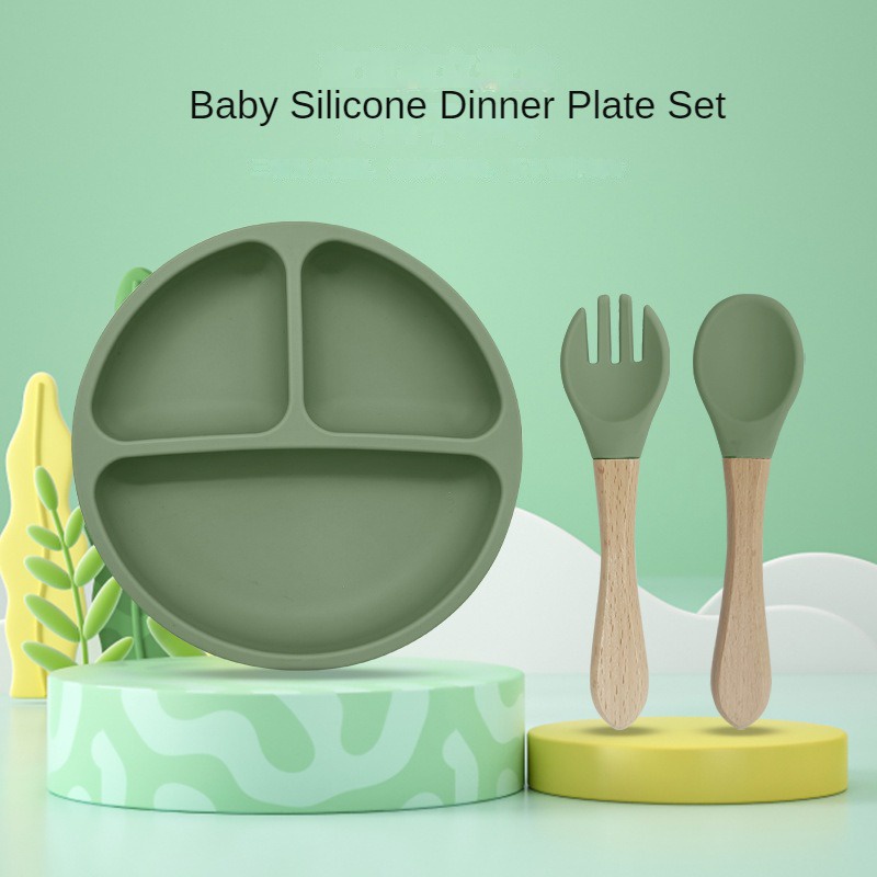 3PCS Kit Prato Com Divisórias Ventosa Para Bebê Silicone Crianças Garfo E Colher Prato Infantil Talheres Kit Introdução Alimentar Silicone Com Ventosa Bebê