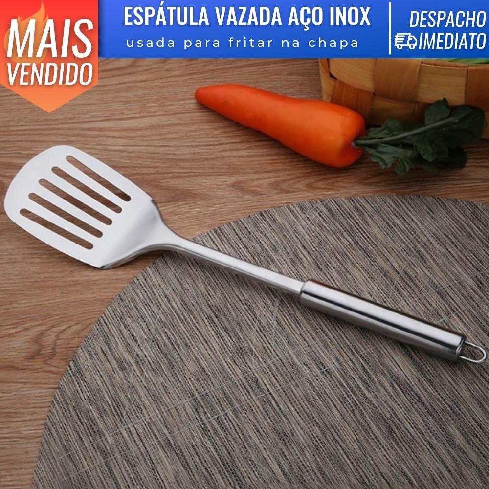 Espatula Vazada de Aço Inox Espessura 15mm Fritar Hambúrguer Talher Cozinha