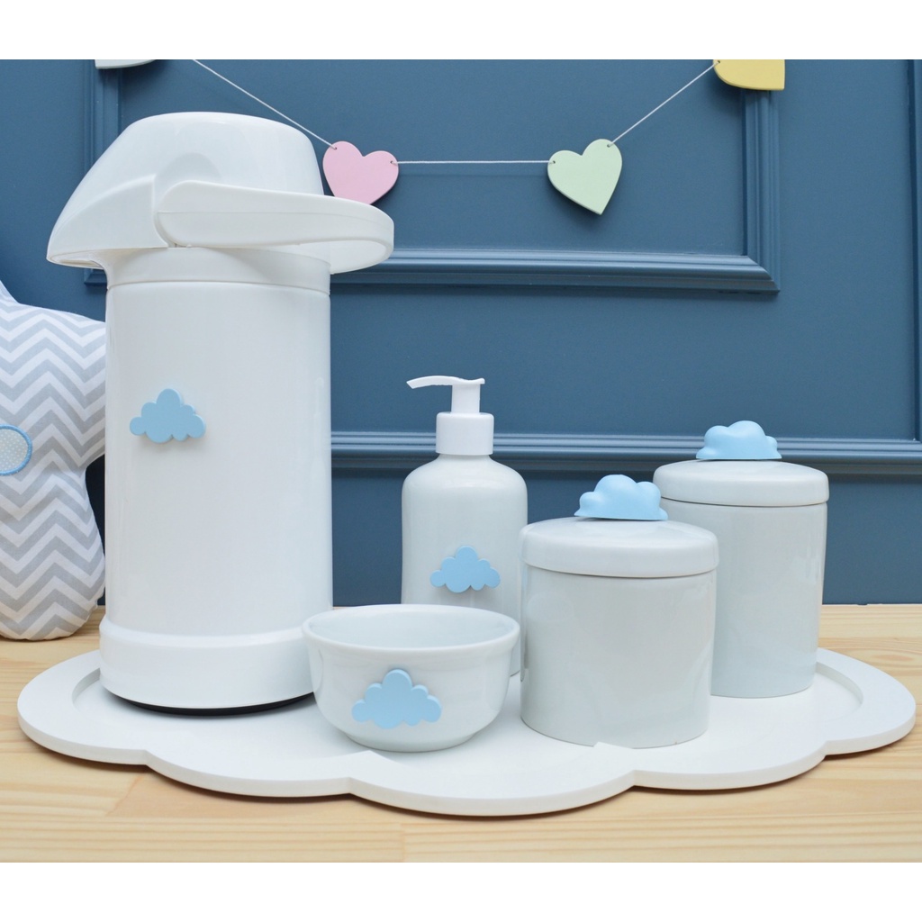 Kit Higiene Porcelana Bebê K033 Bandeja Nuvem Azul Térmica Potes Porcelana Algodão Cotonete Promoção