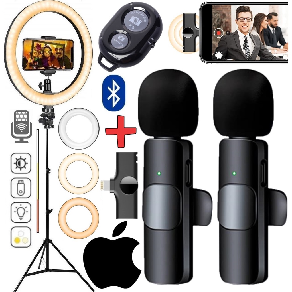 Kit Youtuber Tripé + Microfone de Lapela Duplo Sem Fio Para iPhone Gravação de Vídeo Foto Selfie Luz Anel Led Ring Light
