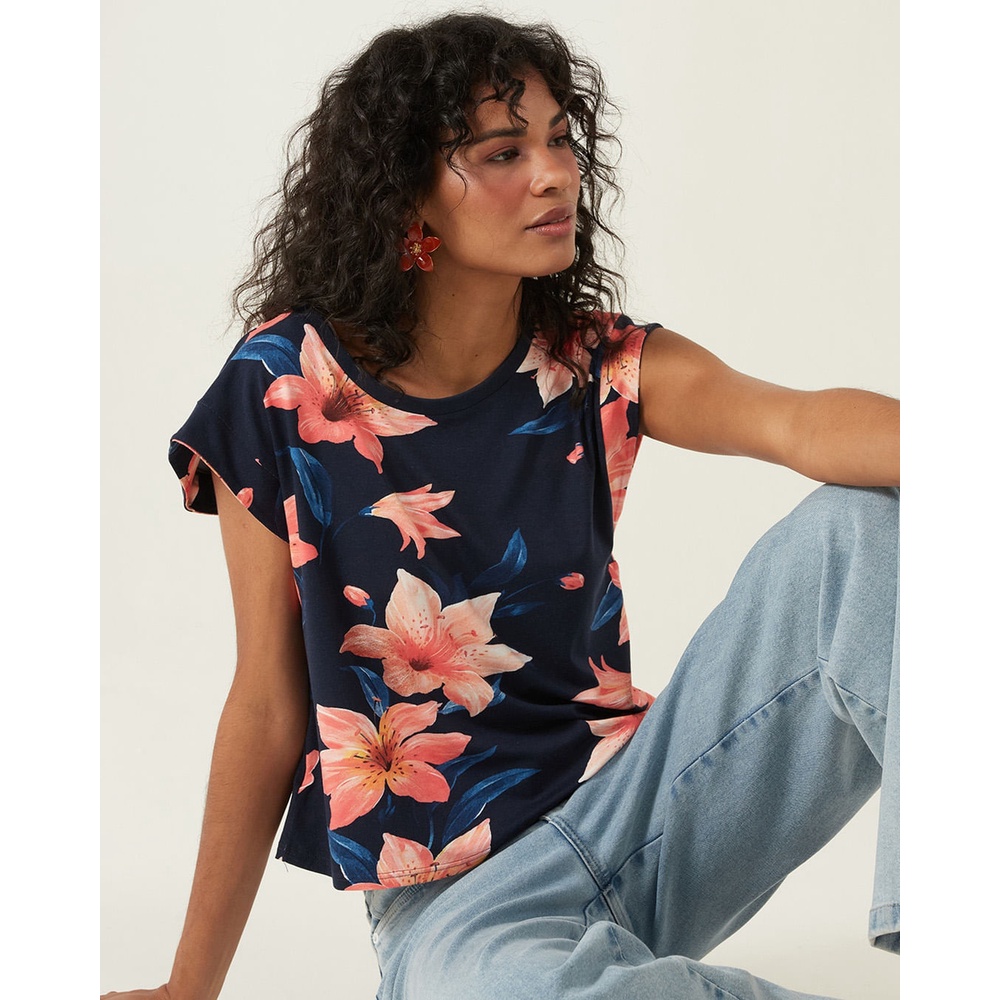 Blusa Floral Viscose Stretch Conforto Malwee em Oferta na Shopee