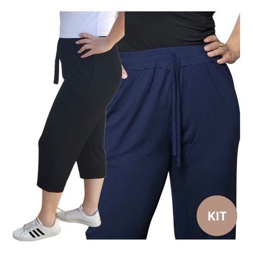 Calça Curta Pescador Pantacourt Capri Feminina Plus Size Calças Capri com Bolso Cós de Elástico