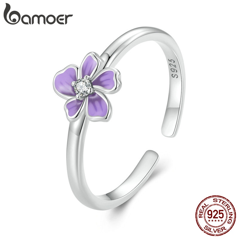 Bamoer 925 Sterling Sliver Ring Design Flor Púrpura Anel De Abertura Jóias Para Presentes Femininos - Fashion Accessories