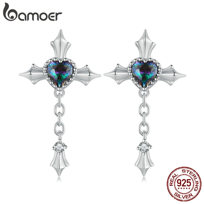 Brincos Bamoer 925 Sterling Sliver Drop Vintage Cross Design Jóias Em Forma De Coração Para Presentes Femininos em Oferta na Shopee