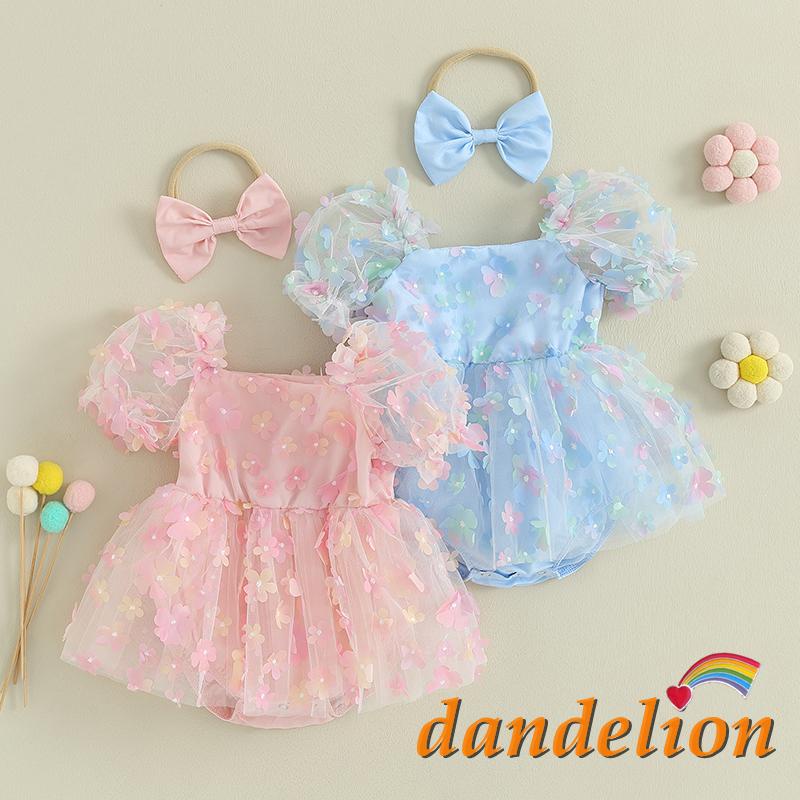 Macacão + Faixa de Cabeça de Verão para infantil/Bebê Menina ,Roupa de Tule de Manga Curta com Puff e Flores 3D
