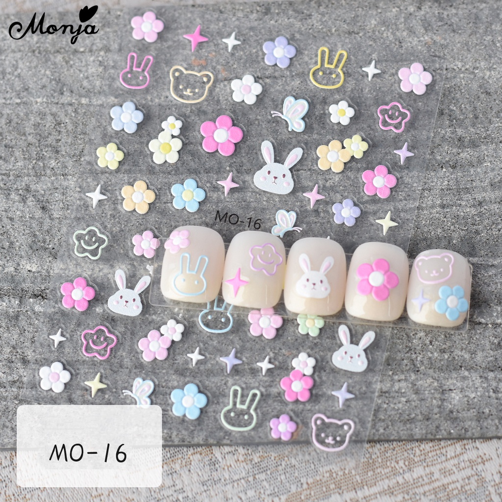 Monja 6 Opções Adesivos 3D para Unhas, Série Flor Relevo, Decalques Adesivos com Padrão de Folha Floral, Coelho e · foto 2