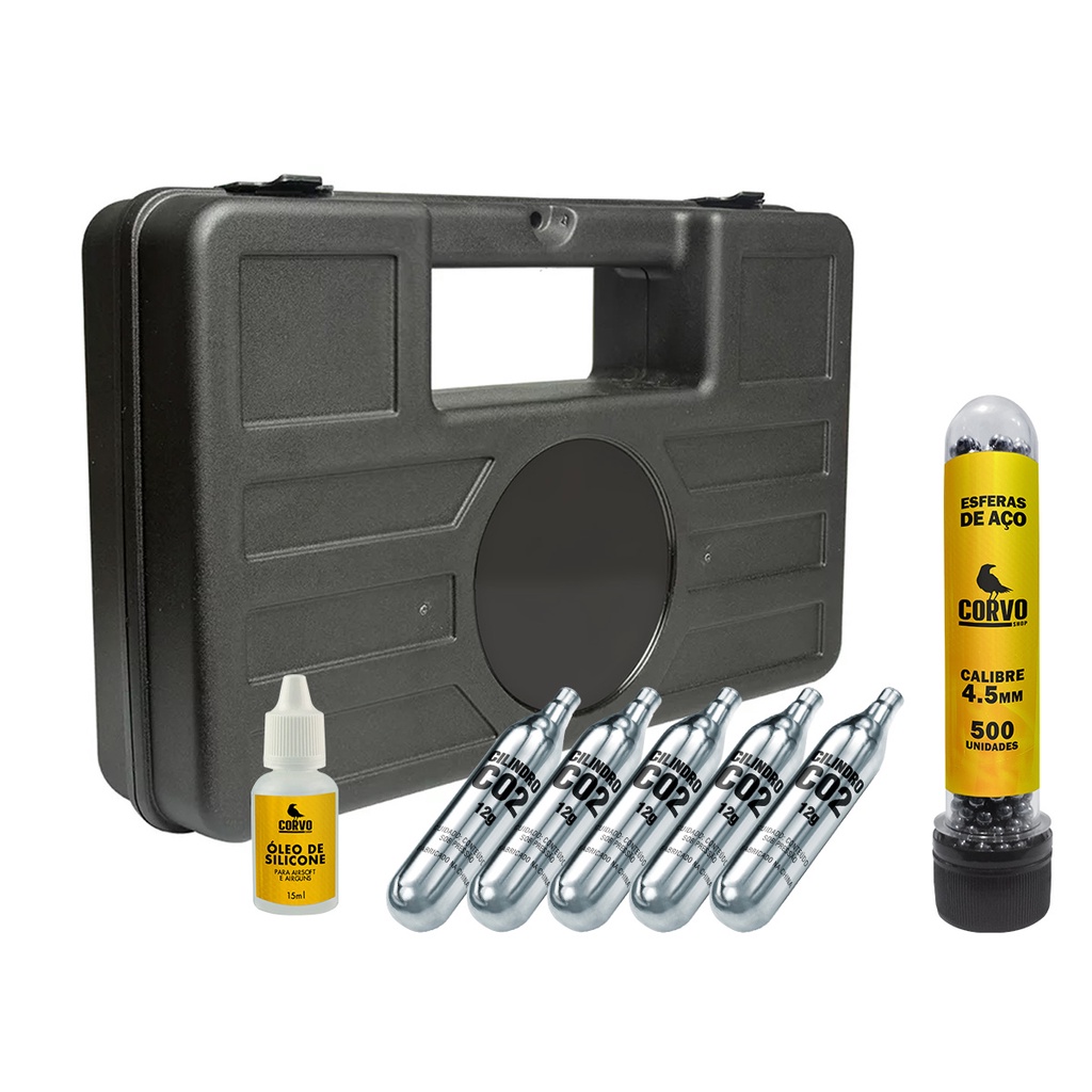 Maleta Case Rígido, 500 Esferas de Aço 4.5mm, 5 Cilindros CO2 e Óleo Silicone