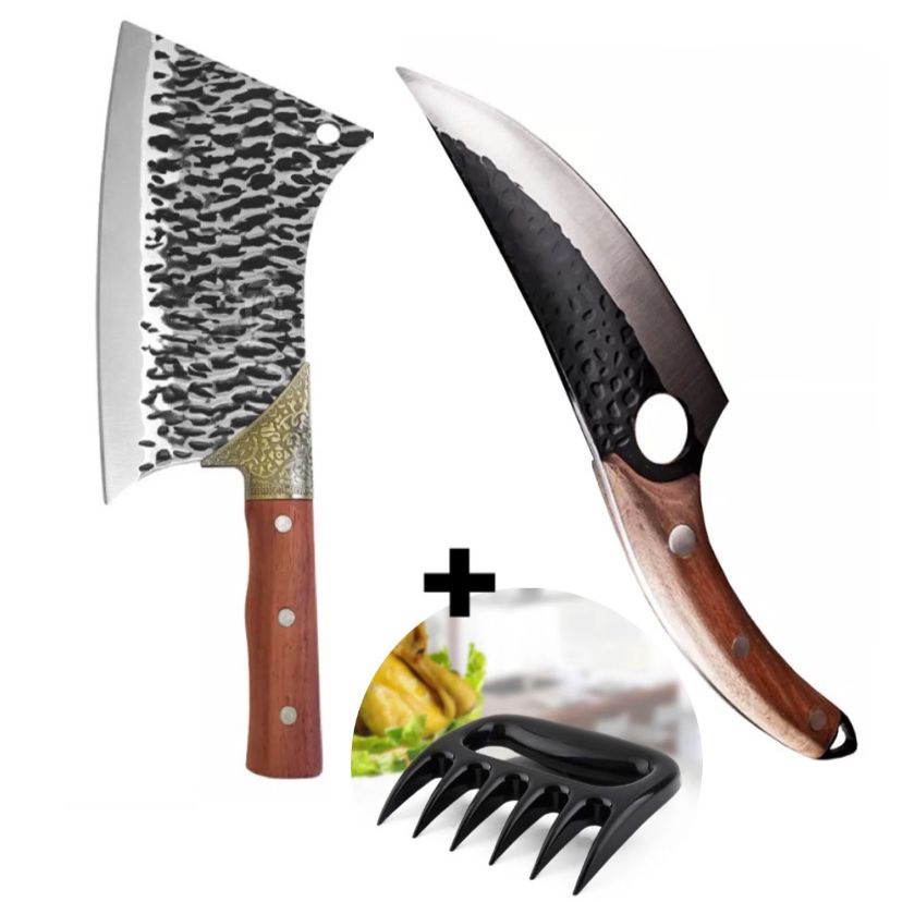 Kit Cutelo Artesanal e Faca Profissional Olho de Tigre Churrasco + 1 Garra de Urso