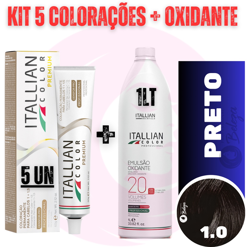 Kit 5 Tinta Profissional 1.0 Preto Itallian Color + Ox20 - Beauty