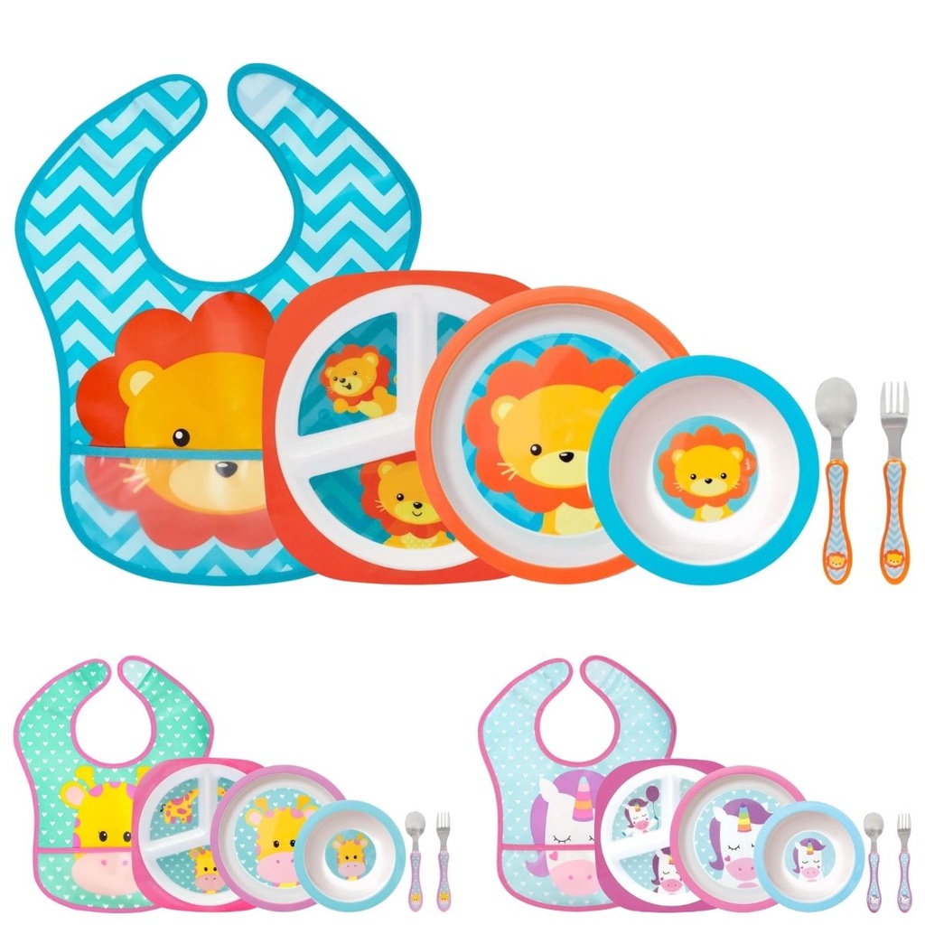 Kit Refeição Infantil 5 Peças Prato Divisórias, Prato Raso, Bowl, Kit Talher Colher e Garfo e Babador com Pega Migalhas Buba Animal Fun