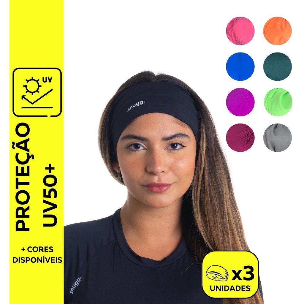 Kit 3 Unidades Faixa de Cabelo Elástica Headband Esportiva Proteção UV50+