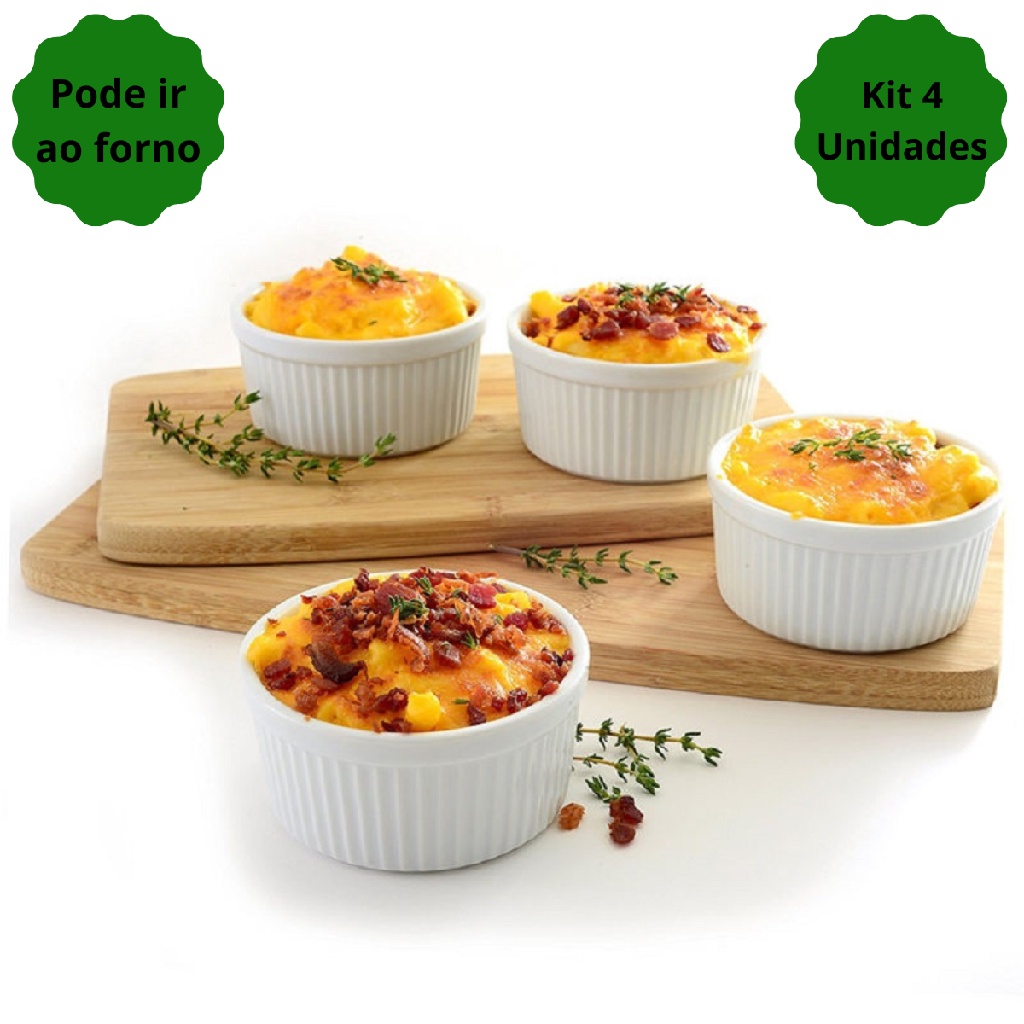 Kit 4 Ramequins Porcelana Branca Premium Tigelinha para Souflé Molhos Forno e Mesa Posta