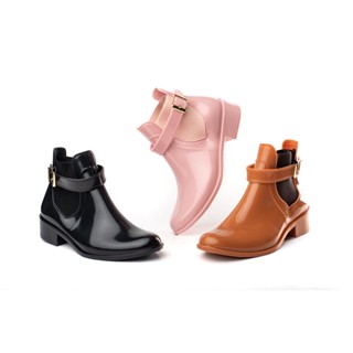 Bota Galocha Coturno Feminino Cano Médio Impermeável Chuva Fechamento com Fivela