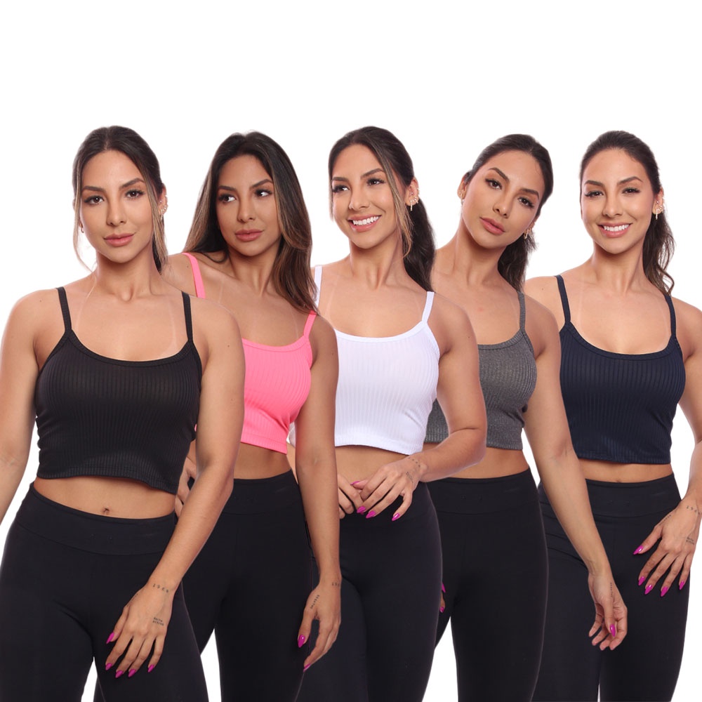 Kit 5 Top Cropped Alcinha Canelado Feminino Lisa Blusa Blusinha Básica Treino Academia