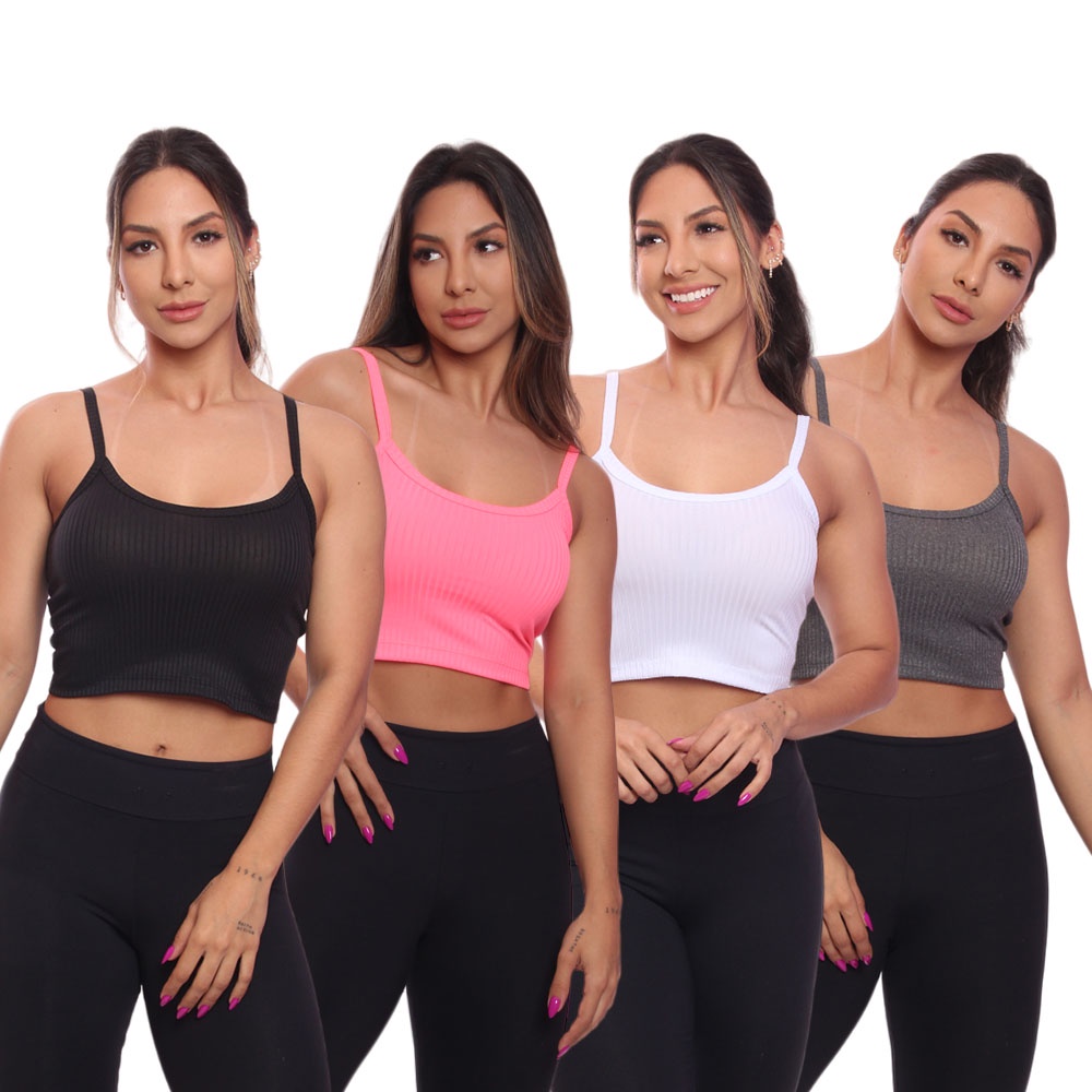 Kit 4 Top Cropped Alcinha Canelado Feminino Lisa Blusa Blusinha Básica Treino Academia