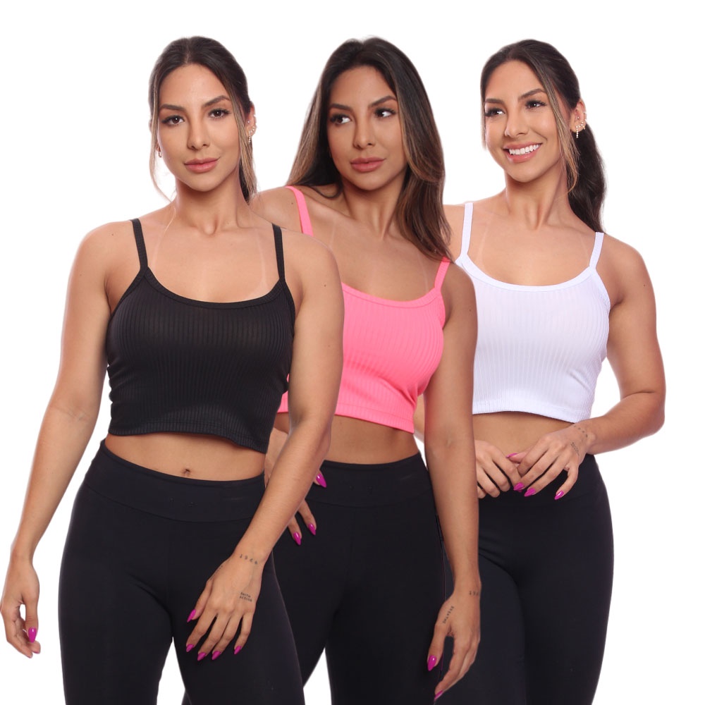 Kit 3 Top Cropped Alcinha Canelado Feminino Lisa Blusa Blusinha Básica Treino Academia
