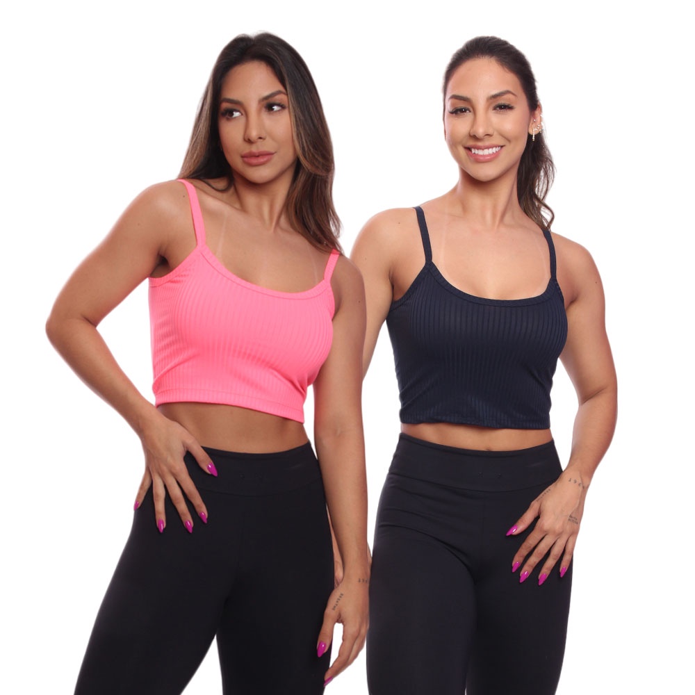 Kit 2 Top Cropped Alcinha Canelado Feminino Lisa Blusa Blusinha Básica Treino Academia