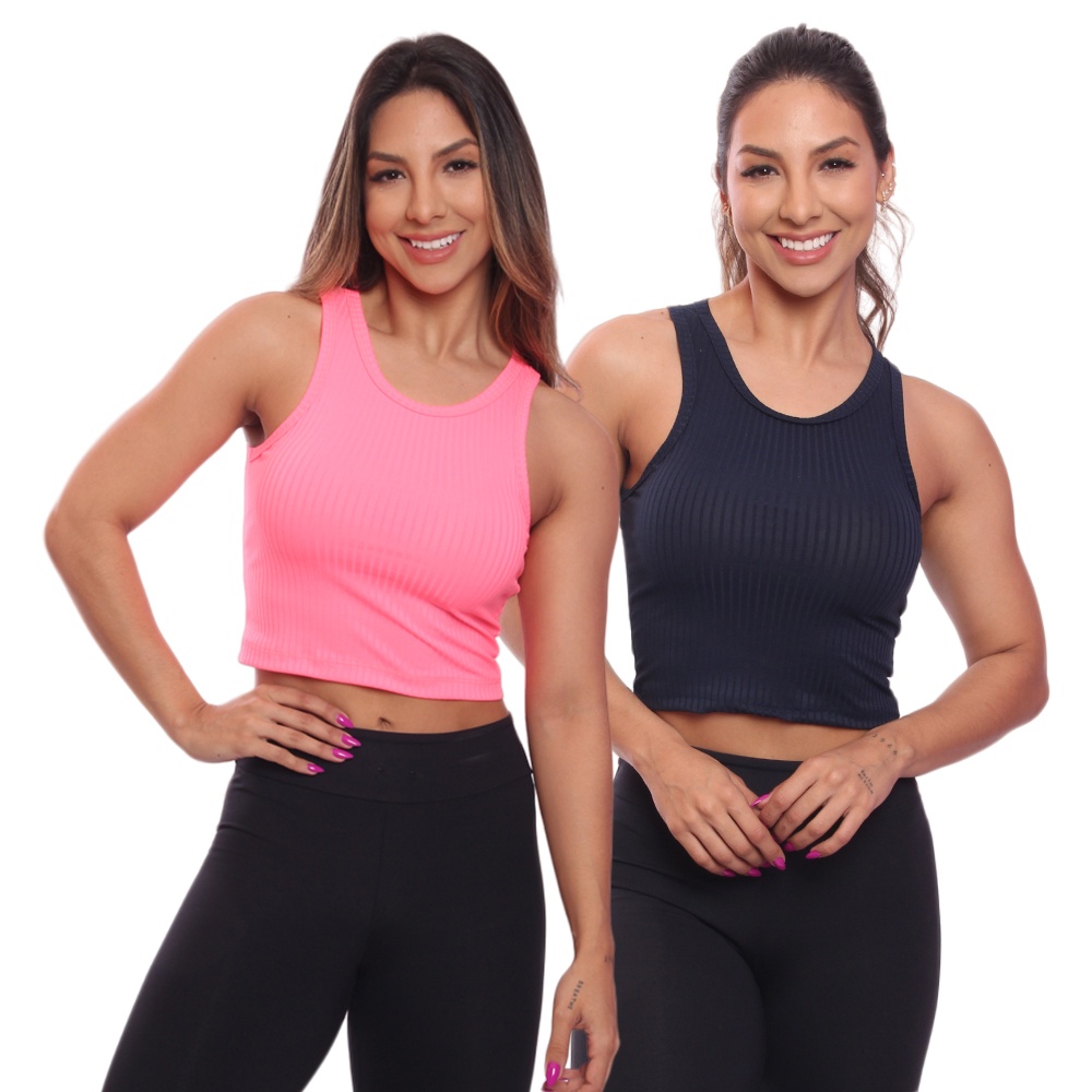 Kit 2 Top Cropped Regata Canelado Feminino Lisa Blusa Blusinha Básica Treino Academia
