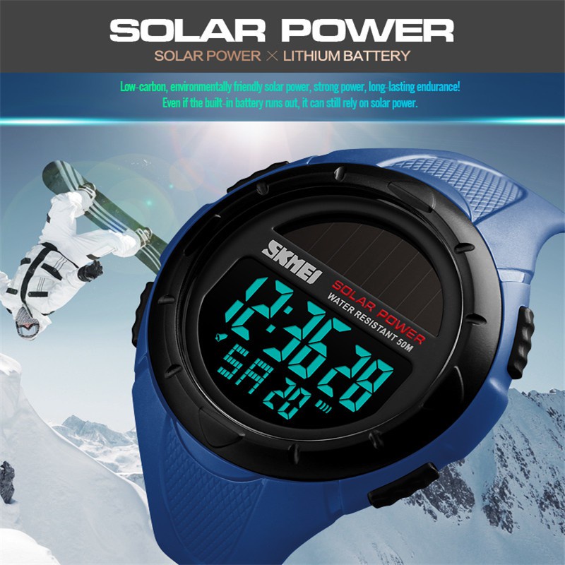 Skmei Relógio De Pulso Esportivo Masculino À Prova D'água Com Energia Solar LED Digital 12/24 Horas
