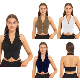 Womens Fashion Solid Color Crop Tops Lapel Halter Backless Botão Para Baixo Colete De Bainha Pontiagudo Festas Casuais