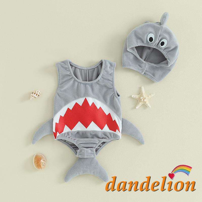 Macacão Com Chapéu Para 0-24 Meses Bebê  Boca De Tubarão Impressão Fantasia De Halloween Sem Mangas Cosplay