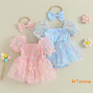 Terça-Feira-Baby Girl Summer Outfits Short Puff Sleeve 3D Vestido De Tule Romper Com Fita De Cabeça
