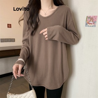 Lovito Camiseta Casual de Manga Longa e Gola Redonda para Mulheres LNE06019 (Marrom)