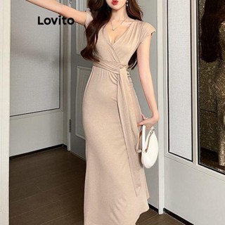 Lovito Casual Vestido com Amarração e Babado para Mulheres LNE20021 (Bege)