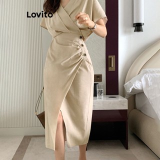 Lovito Casual Vestido com Amarração Assimétrica e Botões para Mulheres LNE20031 (Cáqui Claro)