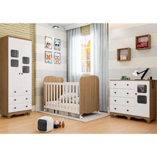 Quarto de Bebê Completo Berço Americano Uli Guarda Roupa Uli 2 Portas Cômoda Uli Peroba