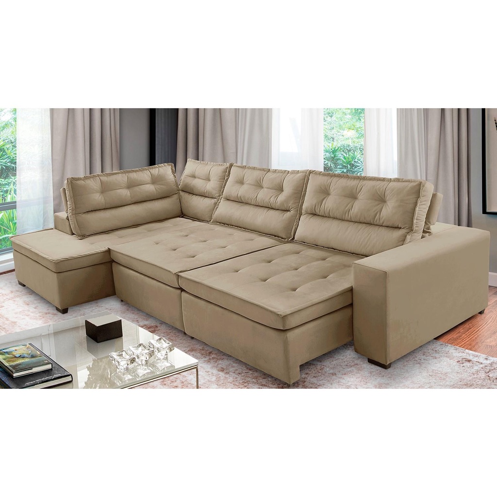Sofá de Canto Retrátil e Reclinável com Molas 3,00x2,00 Esq Virginia Suede Bege Adonai Estofados - Home & Living