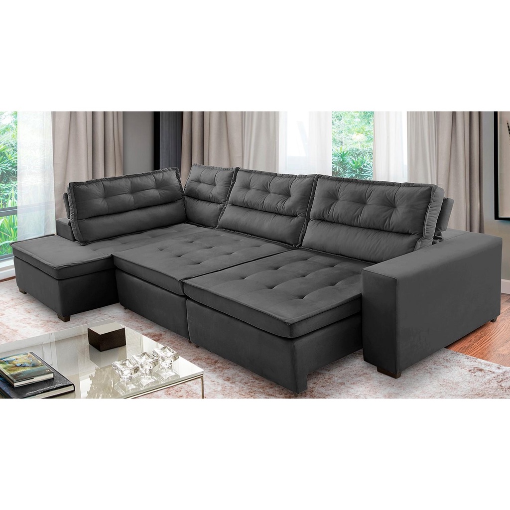 Sofá de Canto Retrátil e Reclinável com Molas 3,00x2,00 Esq Virginia Suede Cinza Adonai Estofados - Home & Living
