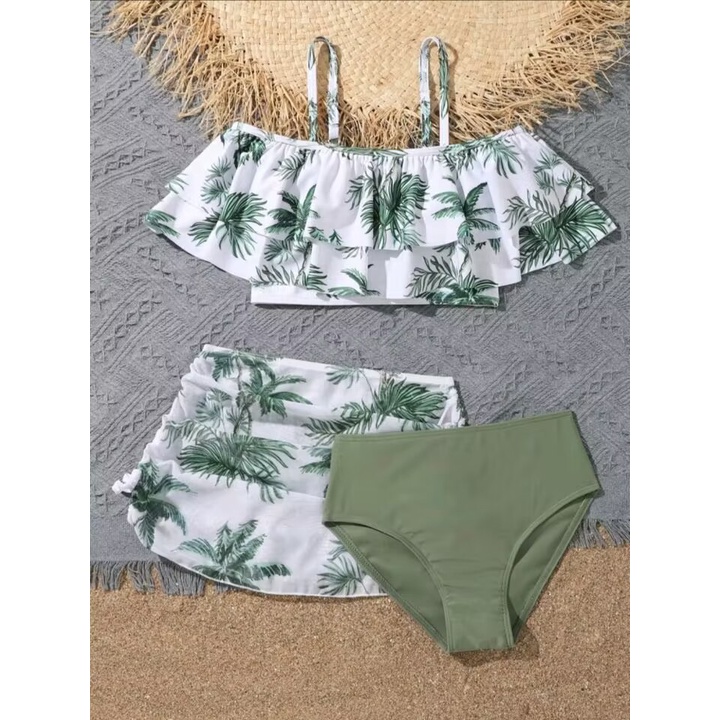 Conjuntos De Biquíni Feminino 3pack Green Print Com Saias Ruffle Off Shoulder Swimsuit 8-12 Anos Fato De Banho Infantil 2024 em Oferta na Shopee