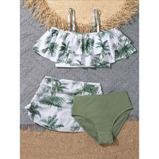 Conjuntos De Biquíni Feminino 3pack Green Print Com Saias Ruffle Off Shoulder Swimsuit 8-12 Anos Fato De Banho Infantil 2024 em Oferta na Shopee