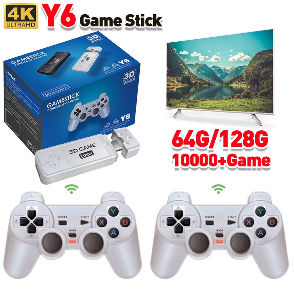 Game Stick Y6 128gb + 2 Controles 128G 10000+ Retro Console 4K 60fps Saída HDMI De Baixa Latência TV Dual Handle Portátil Jogo Doméstico Para GBA