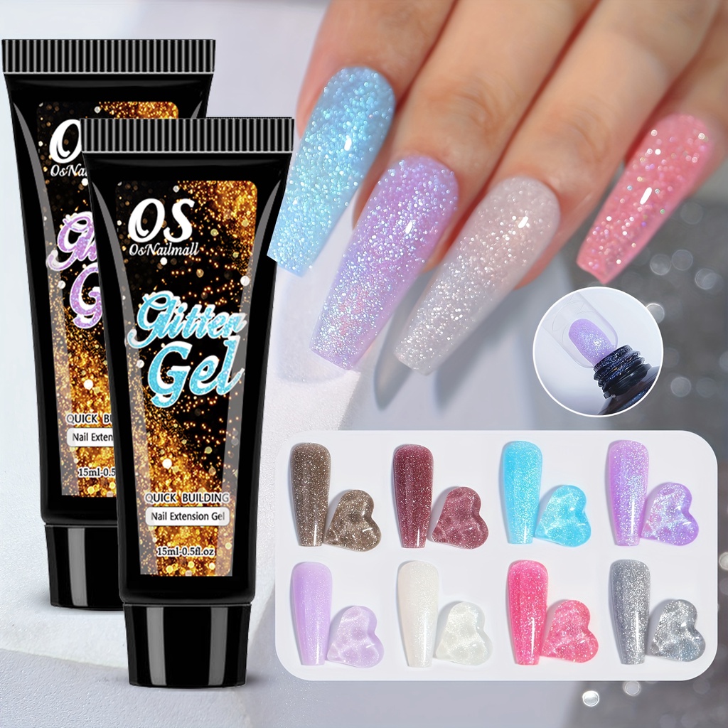 OsNailmall Conjunto De Gel Poli Para Unhas , Glitter , Kit Extensão De Realce Iniciantes , 15ml