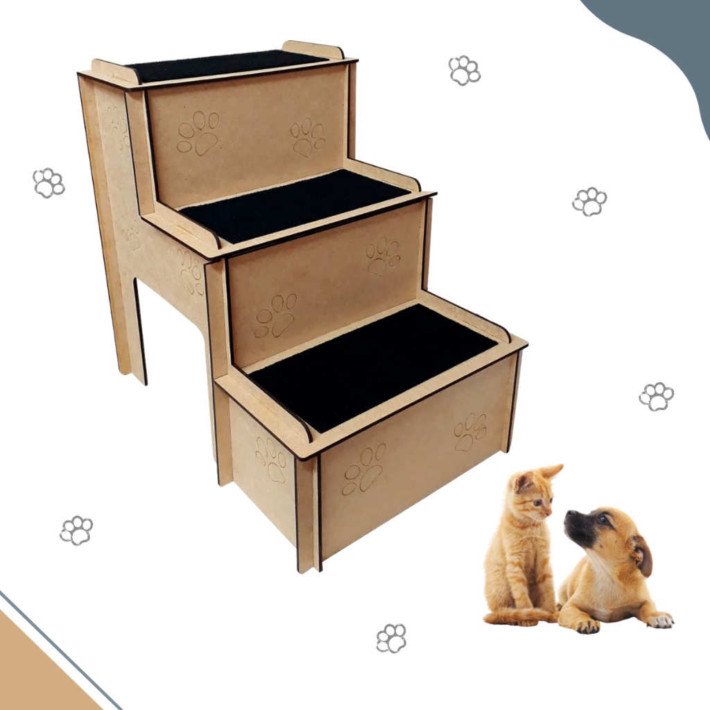 Escada para Cachorros Gatos Para Pet Com 3 Degraus e Carpete Antiderrapante Madeira MDF